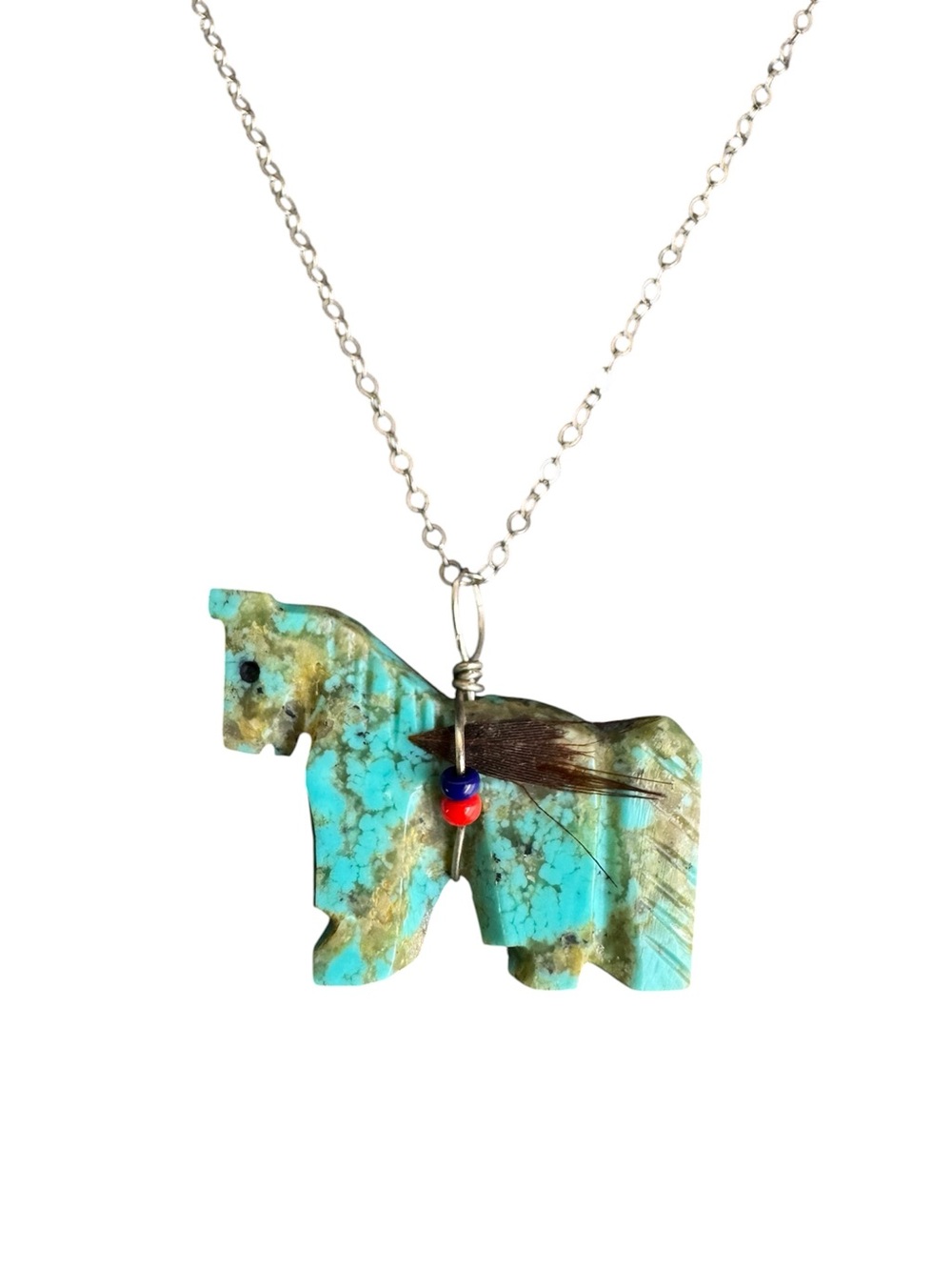 Vintage Turquoise Horse Necklace Hand Carved Fetish Pendant Sterling Silver 925